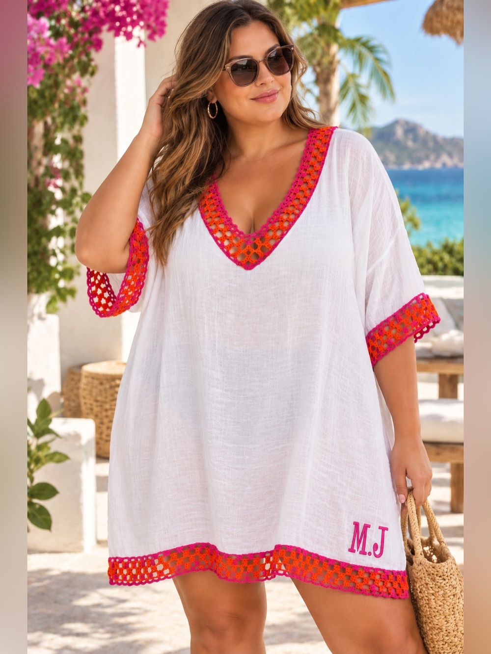 Marleylilly White Crochet Trim Monogram Beach Cover Up Tunic 2XL/3XL
